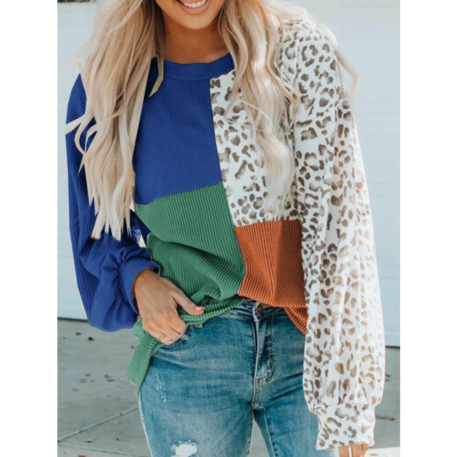 Color Block Leopard Round Neck Sweatshirt Royal Blue / S