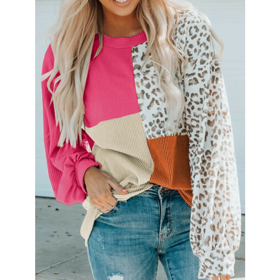 Color Block Leopard Round Neck Sweatshirt Strawberry / S