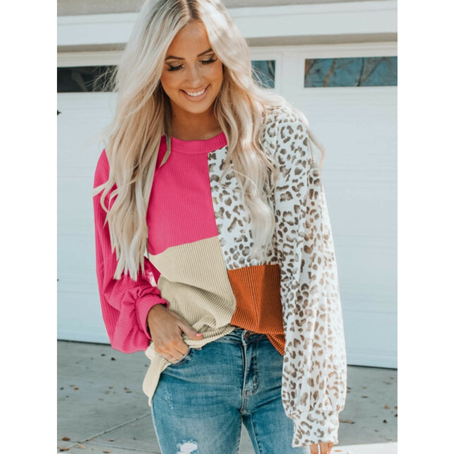 Color Block Leopard Round Neck Sweatshirt