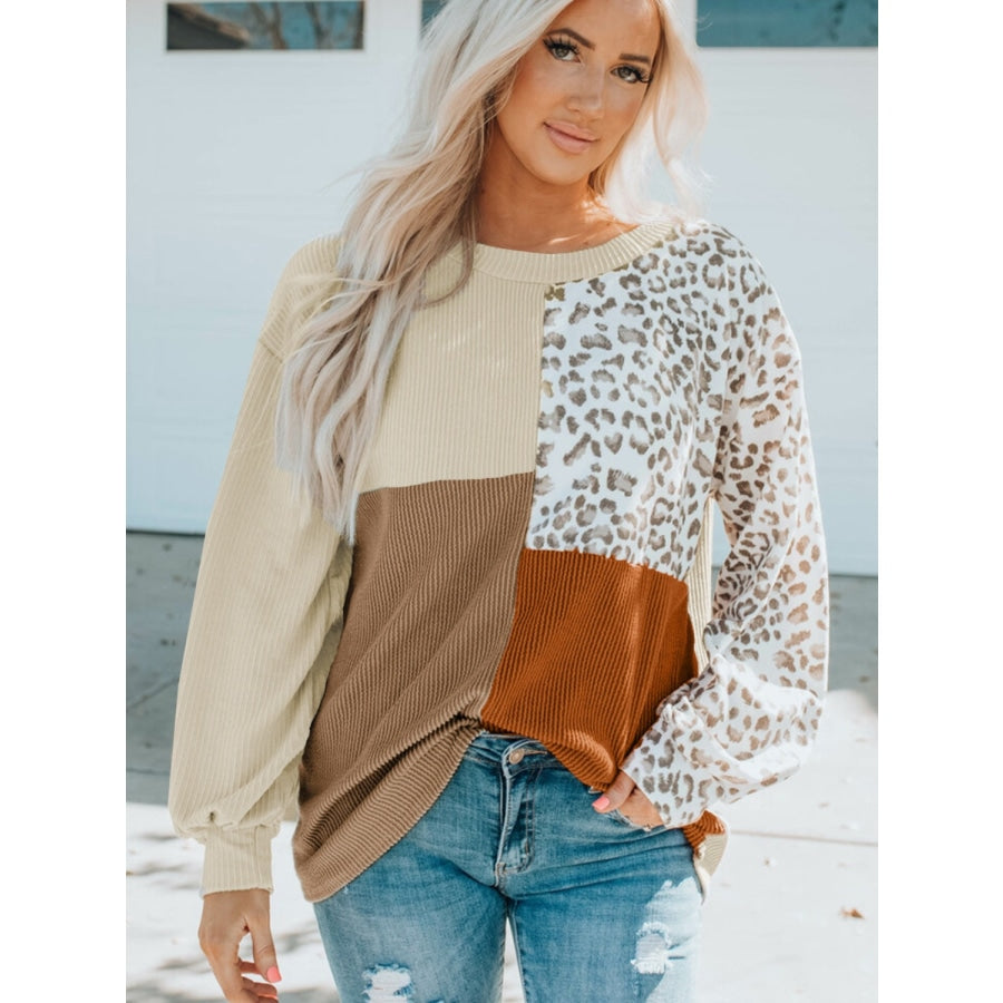 Color Block Leopard Round Neck Sweatshirt