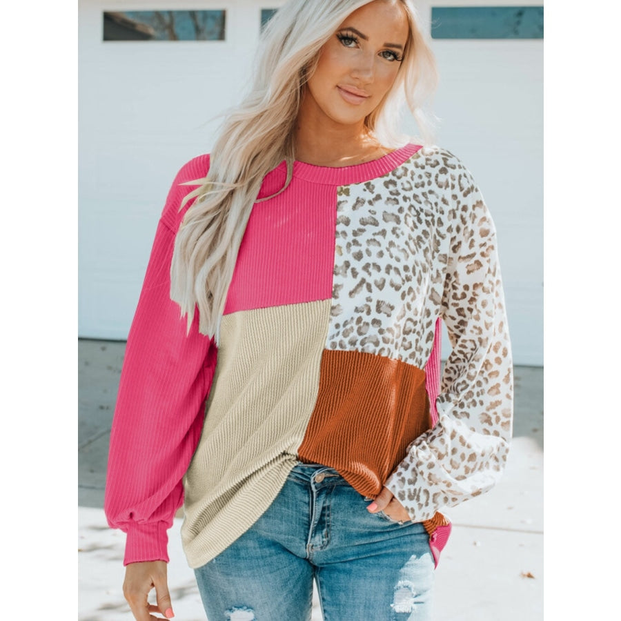 Color Block Leopard Round Neck Sweatshirt