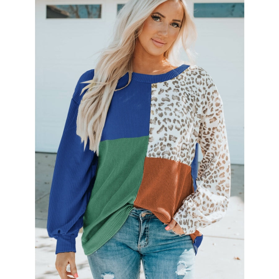 Color Block Leopard Round Neck Sweatshirt