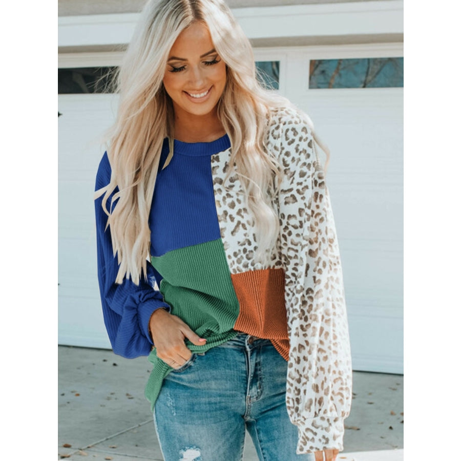 Color Block Leopard Round Neck Sweatshirt