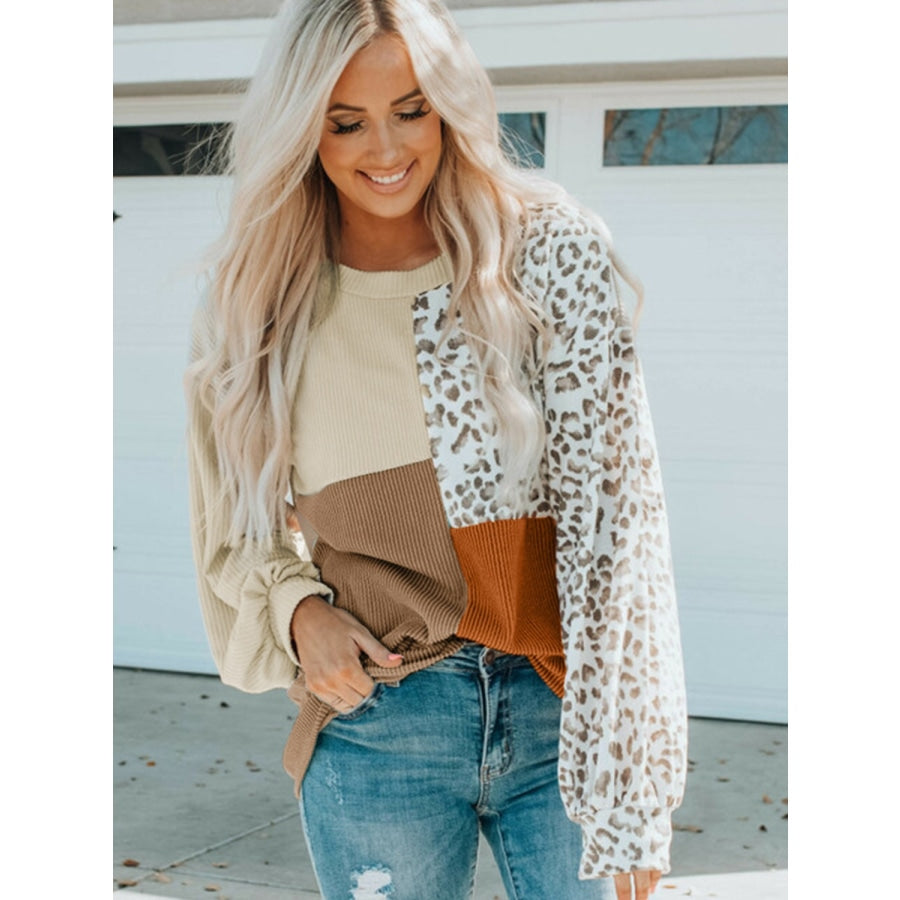 Color Block Leopard Round Neck Sweatshirt