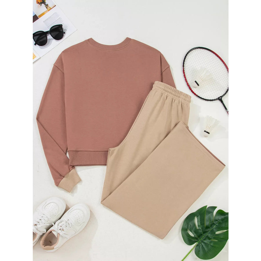 Color Block Long Sleeve Crop Top Drawstring Pant Set Apparel and Accessories