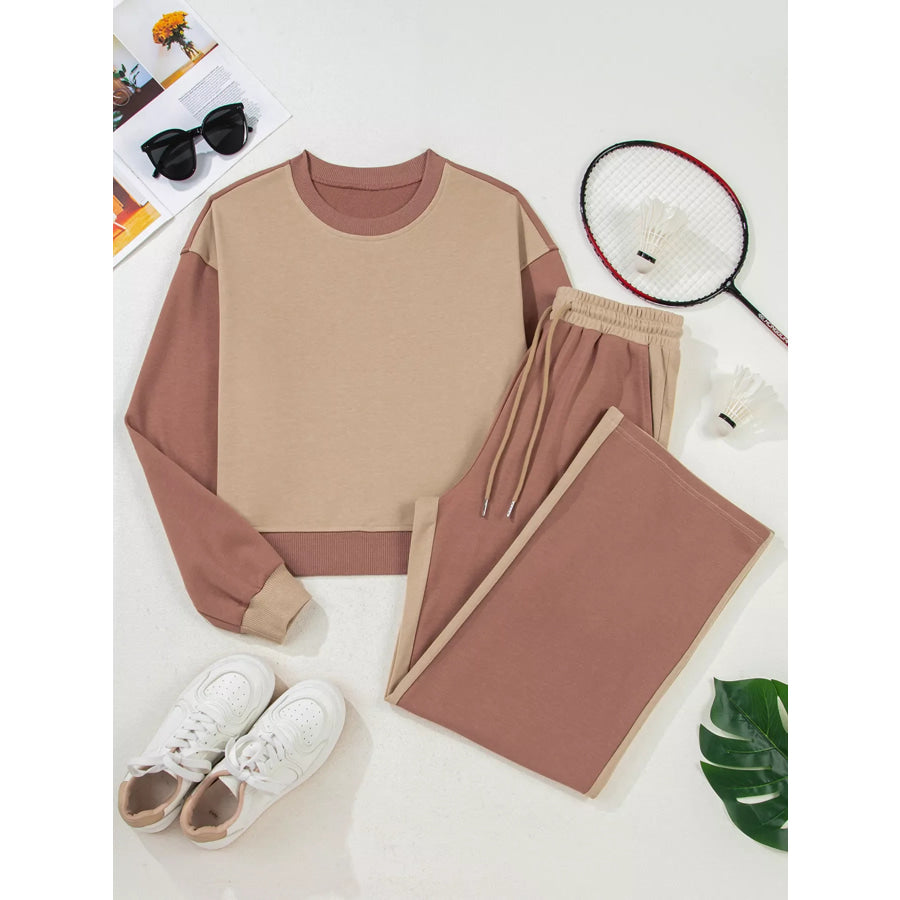 Color Block Long Sleeve Crop Top Drawstring Pant Set Apparel and Accessories
