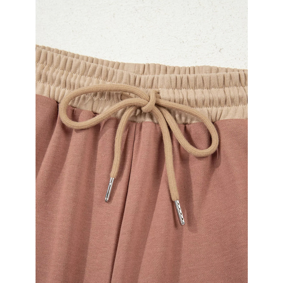 Color Block Long Sleeve Crop Top Drawstring Pant Set Apparel and Accessories