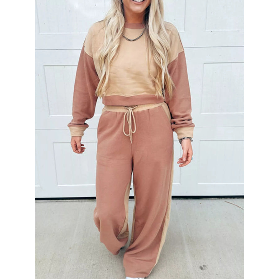 Color Block Long Sleeve Crop Top Drawstring Pant Set Apparel and Accessories