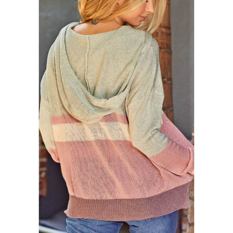 Color Block Long Sleeve Drawstring Hooded Sweater Apparel and Accessories