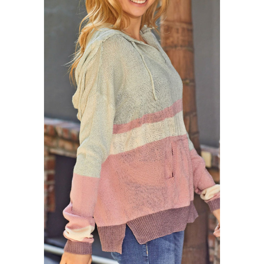 Color Block Long Sleeve Drawstring Hooded Sweater Apparel and Accessories