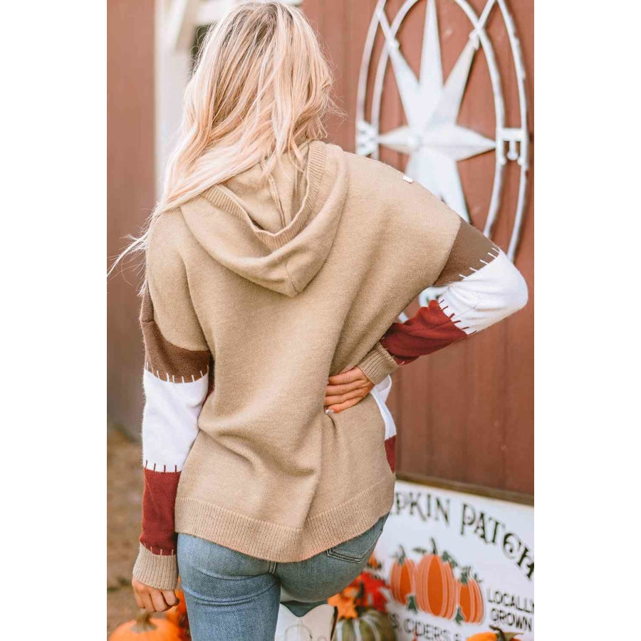 Color Block Long Sleeve Hooded Sweater Tan / S