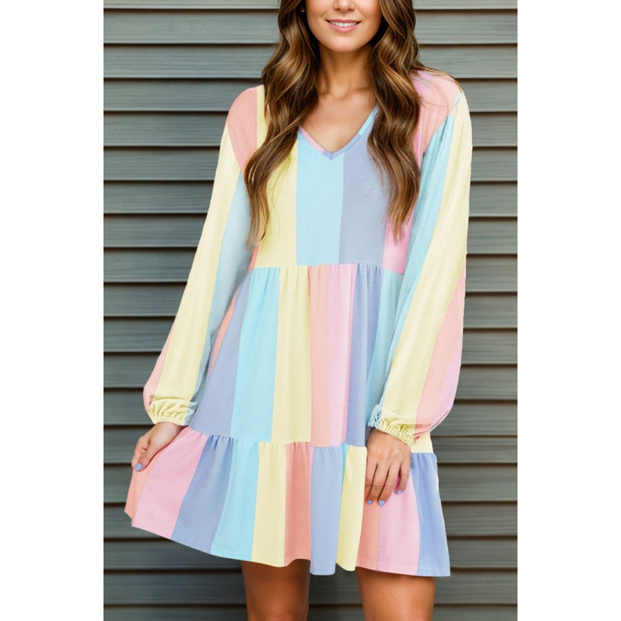 Color Block Long Sleeve Mini Dress Light Blue / S Apparel and Accessories