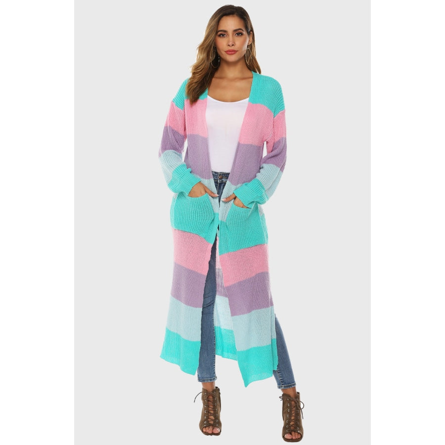 Color Block Long Sleeve Pocketed Cardigan Tiffany Blue / S