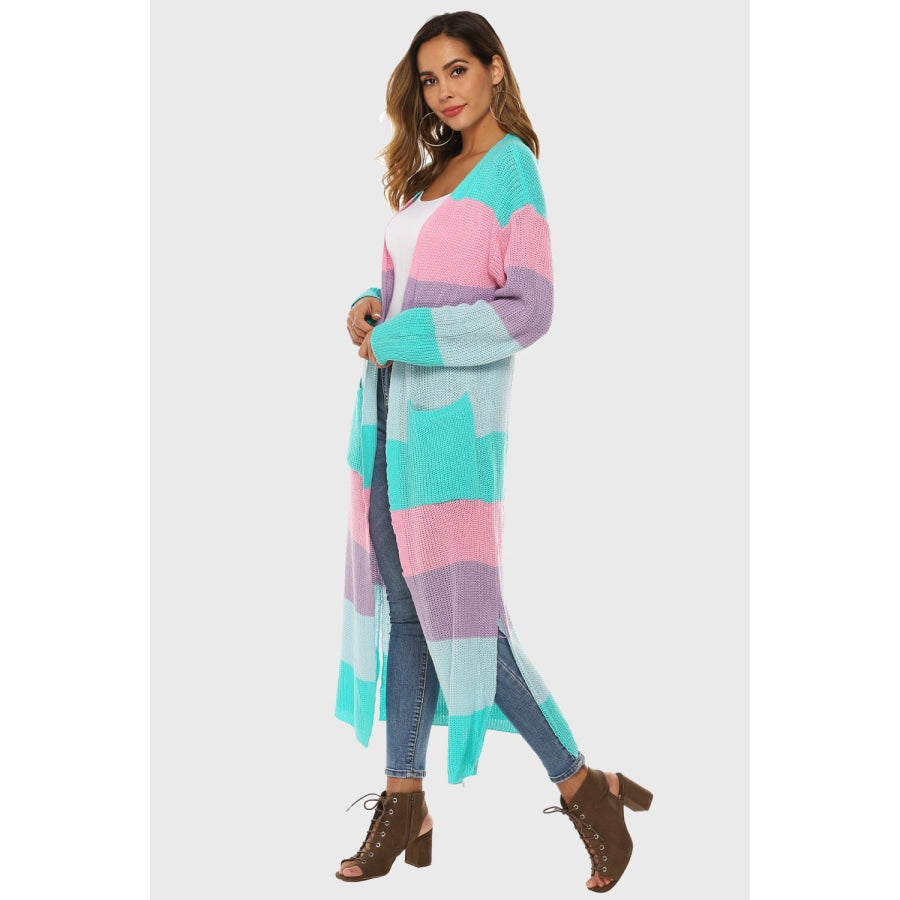 Color Block Long Sleeve Pocketed Cardigan