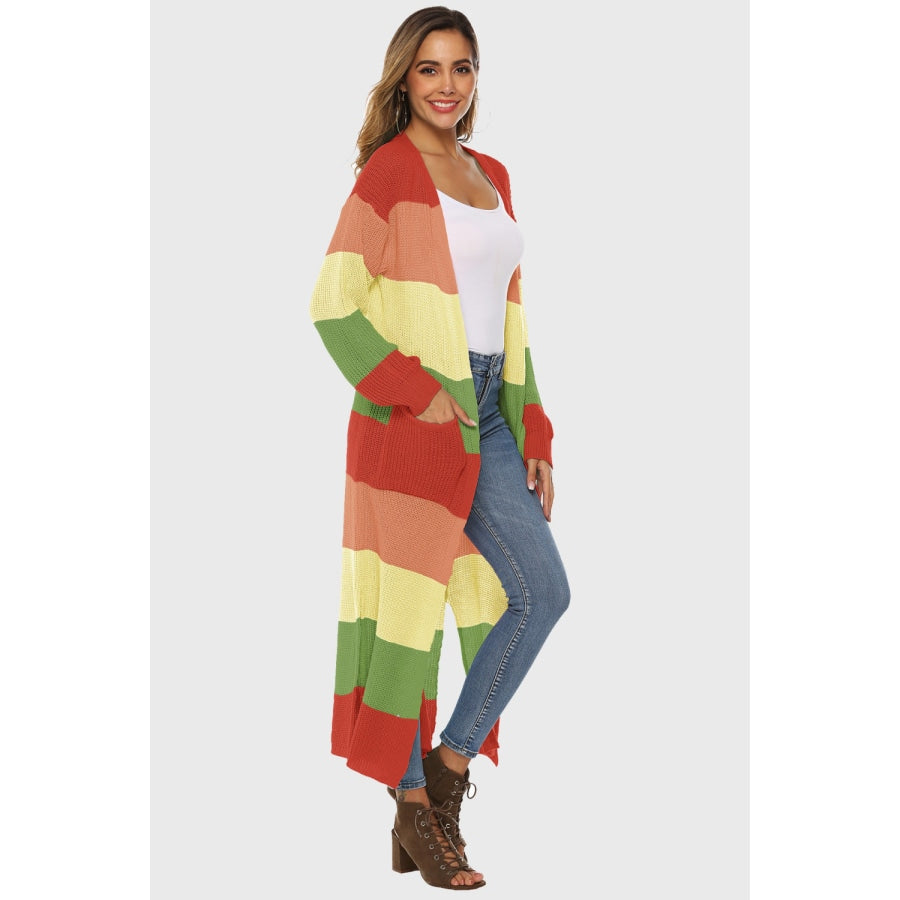 Color Block Long Sleeve Pocketed Cardigan