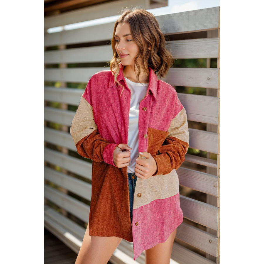 Color Block Long Sleeve Shacket Strawberry / S Apparel and Accessories