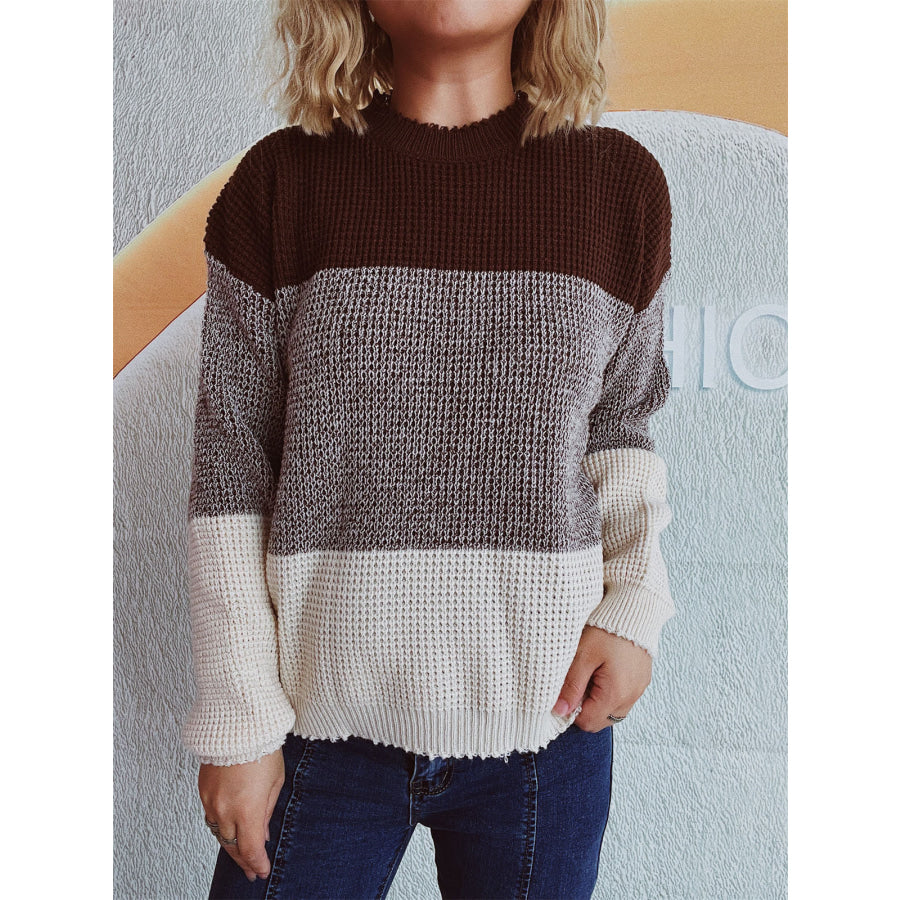 Color Block Long Sleeve Sweater Brown / One Size Apparel and Accessories