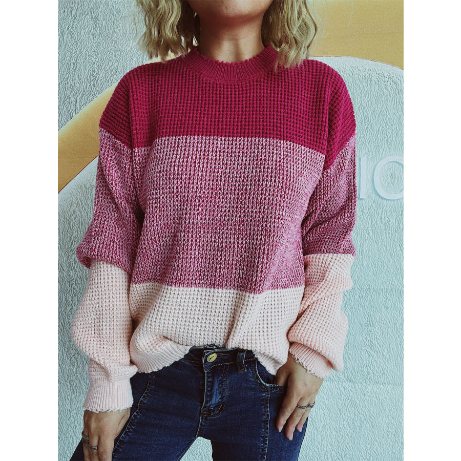 Color Block Long Sleeve Sweater Scarlet / One Size Apparel and Accessories