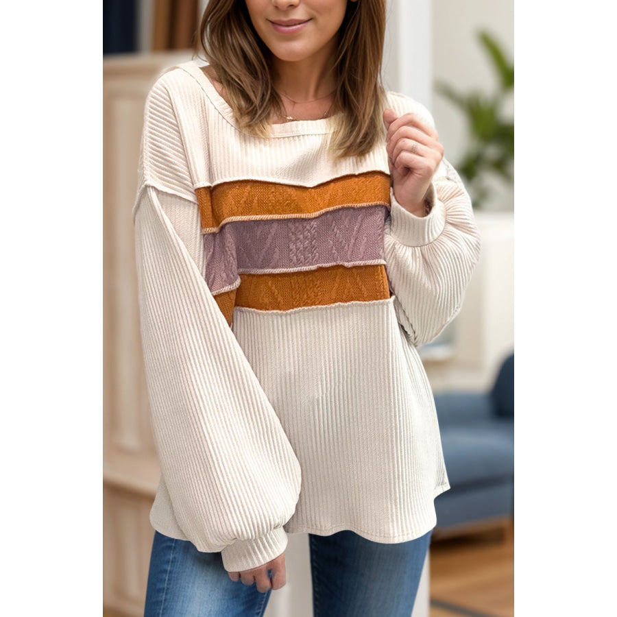 Color Block Long Sleeve Sweatshirt Ivory / S Apparel and Accessories