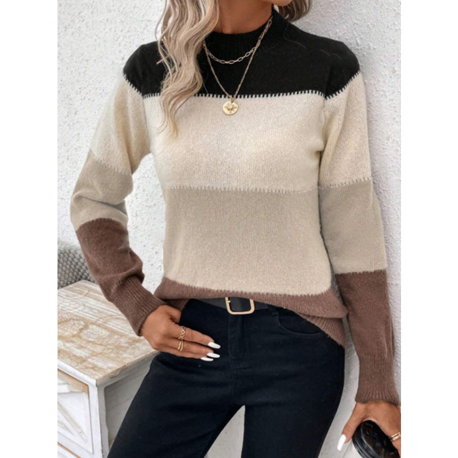 Color Block Mock Neck Long Sleeve Sweater Cream / S Apparel and Accessories