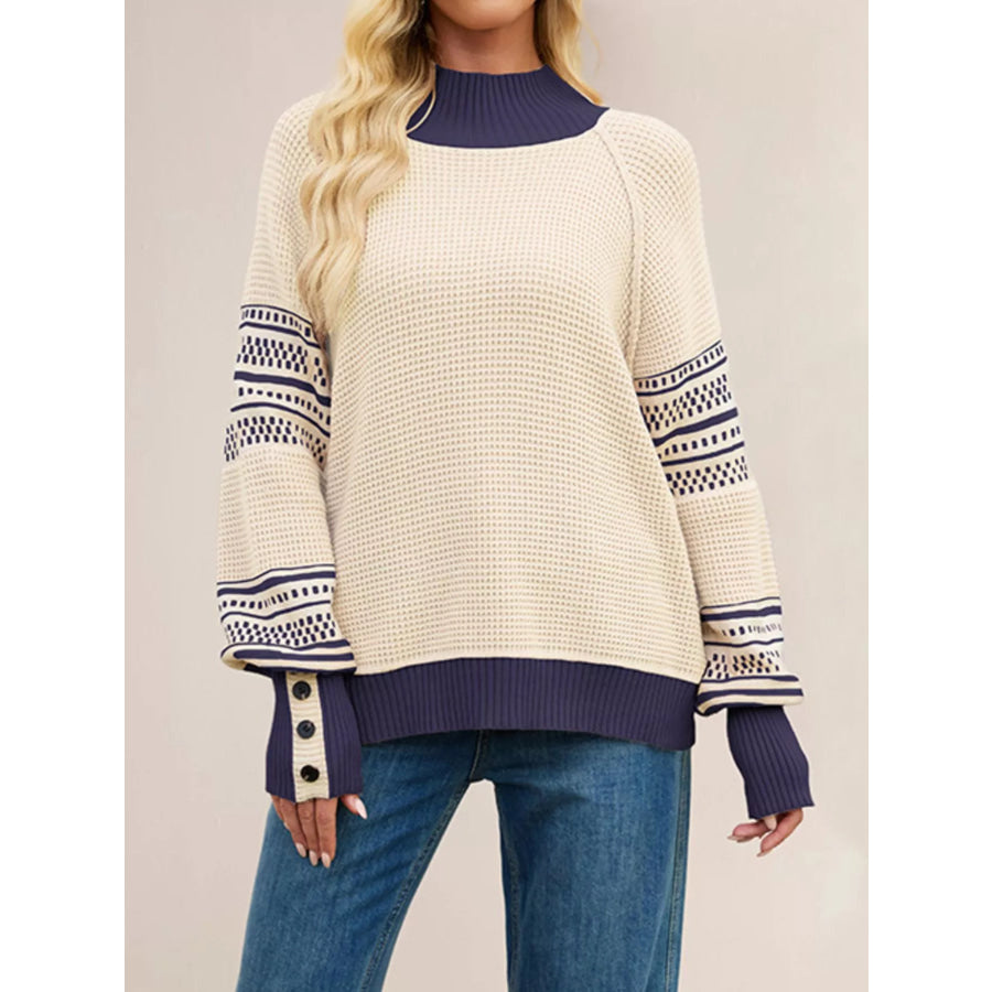 Color-Block Mock Neck Waffle Knit Sweater Apricot / S Apparel and Accessories