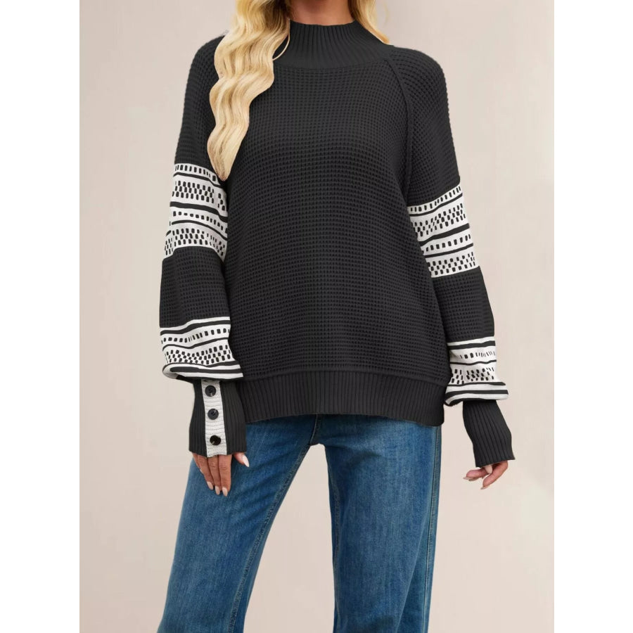 Color-Block Mock Neck Waffle Knit Sweater Black / S Apparel and Accessories