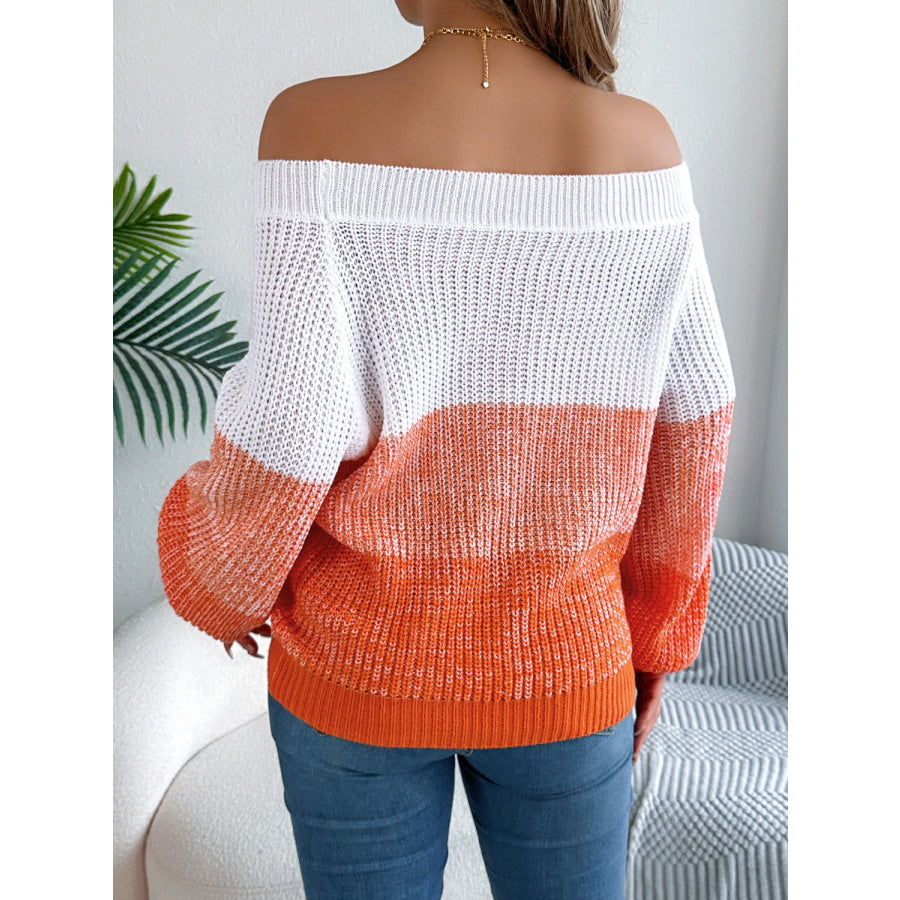 Color Block Off-Shoulder Long Sleeve Sweater Apparel and Accessories