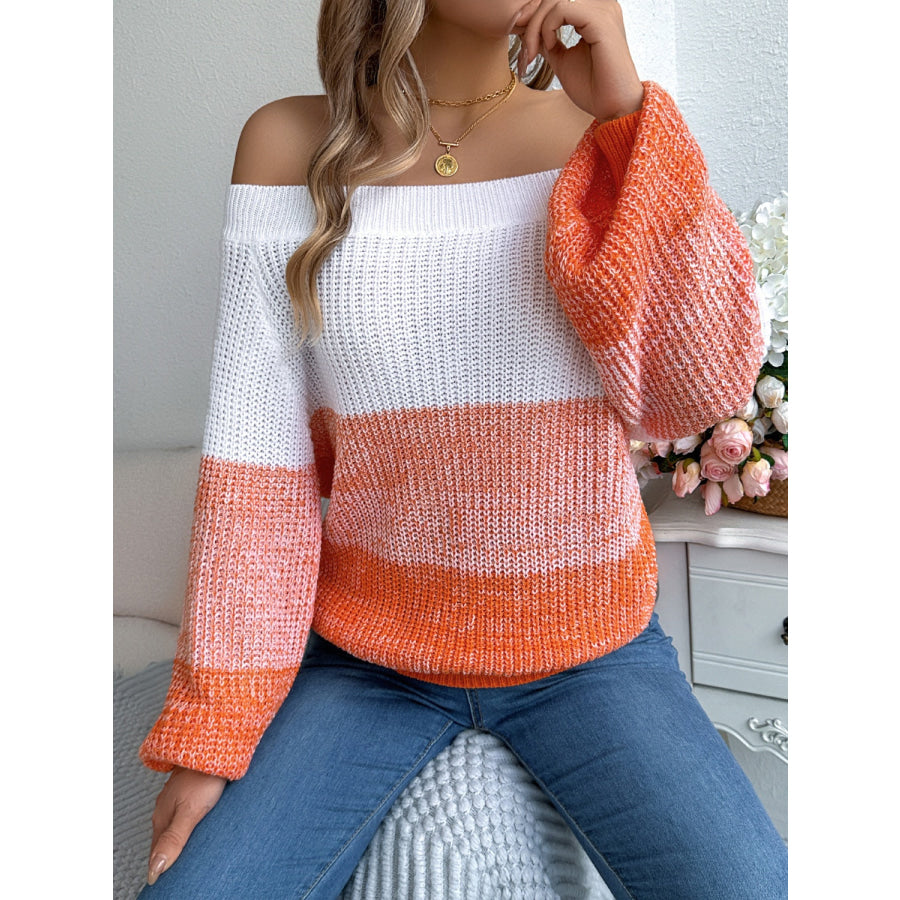 Color Block Off-Shoulder Long Sleeve Sweater Apparel and Accessories