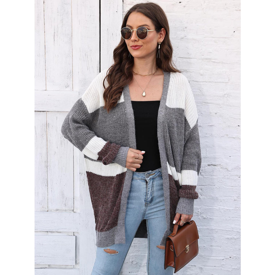 Color Block Open Front Cardigan Charcoal / One Size
