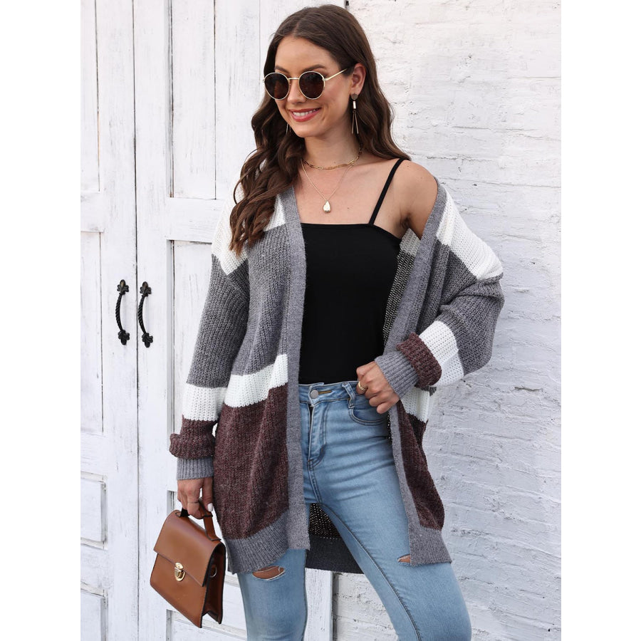 Color Block Open Front Cardigan Charcoal / One Size