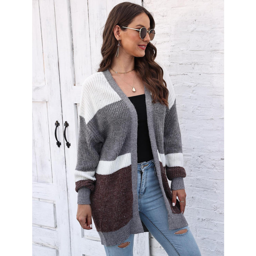 Color Block Open Front Cardigan Charcoal / One Size