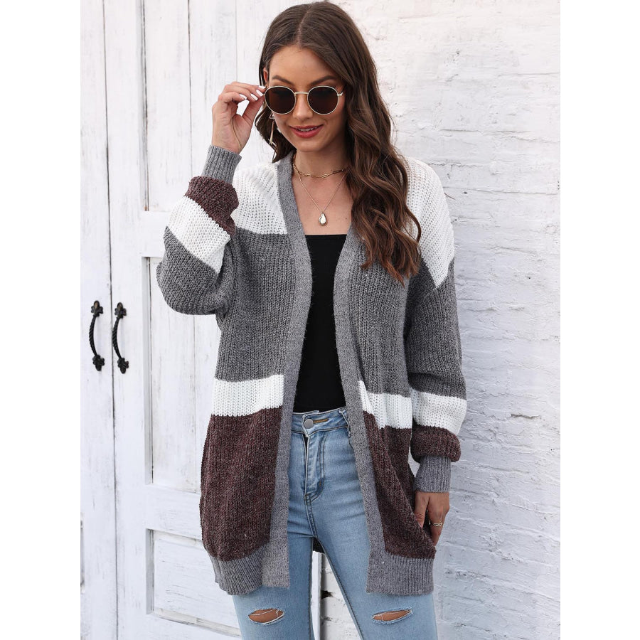 Color Block Open Front Cardigan Charcoal / One Size
