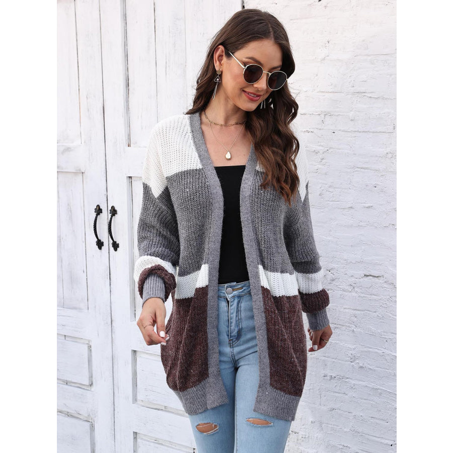 Color Block Open Front Cardigan Charcoal / One Size