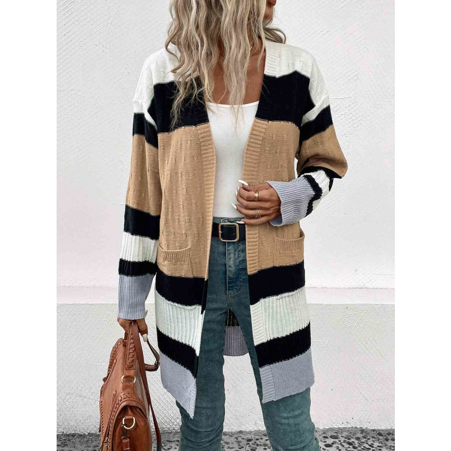 Color Block Open Front Drop Shoulder Cardigan Camel / S