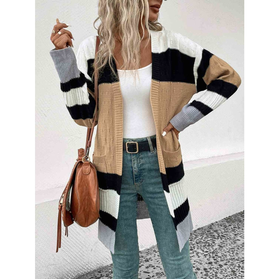 Color Block Open Front Drop Shoulder Cardigan