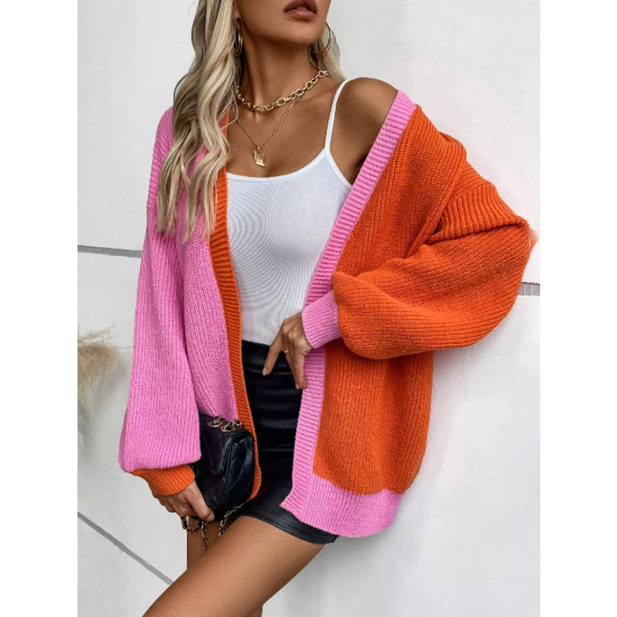 Color Block Open Front Knit Cardigan Orange / S Apparel and Accessories
