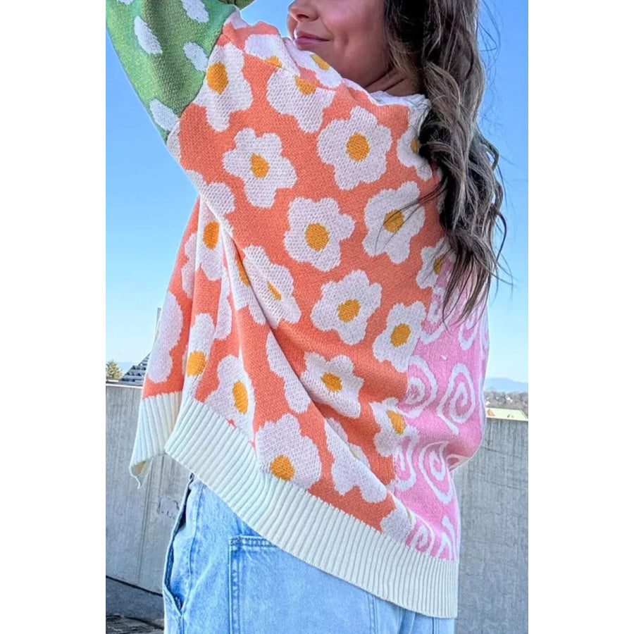 Color Block Open Front Long Sleeve Cardigan Floral / S Apparel and Accessories