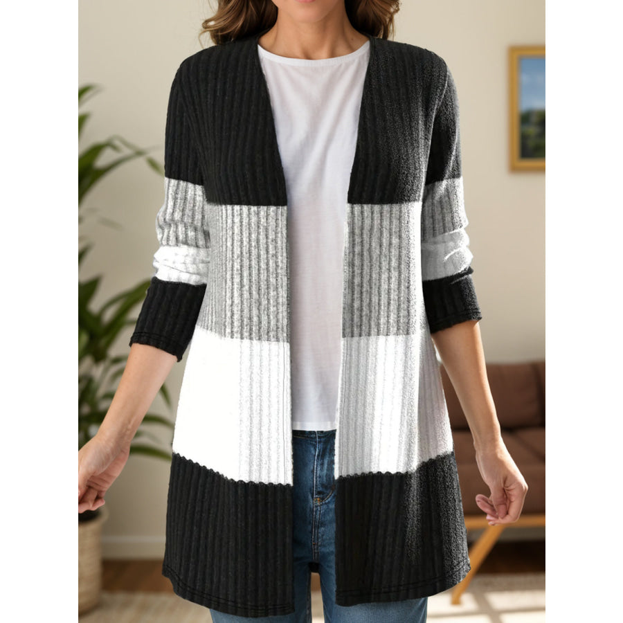 Color Block Open Front Long Sleeve Cardigan Black / S Apparel and Accessories