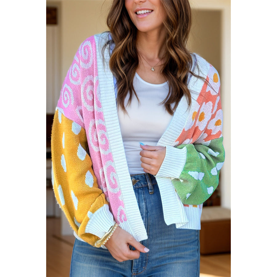 Color Block Open Front Long Sleeve Cardigan Floral / S Apparel and Accessories