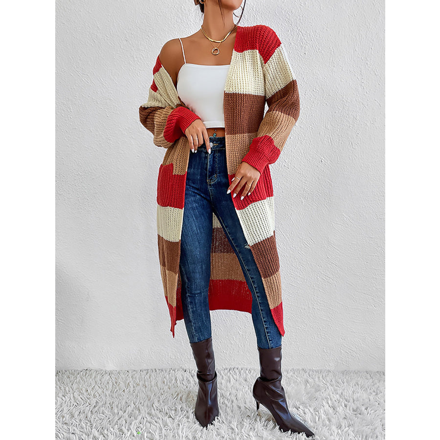 Color Block Open Front Longline Cardigan Red Orange / S