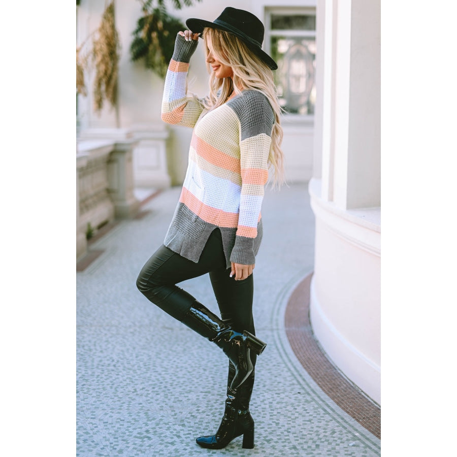 Color Block Open Front Slit Cardigan