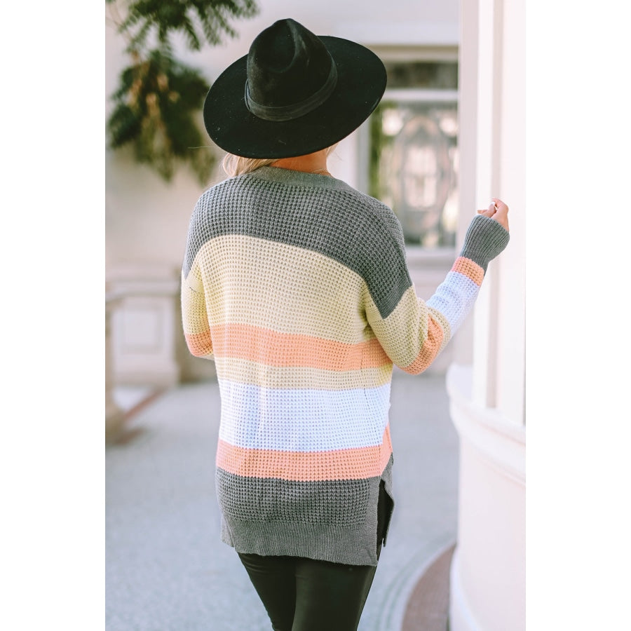 Color Block Open Front Slit Cardigan