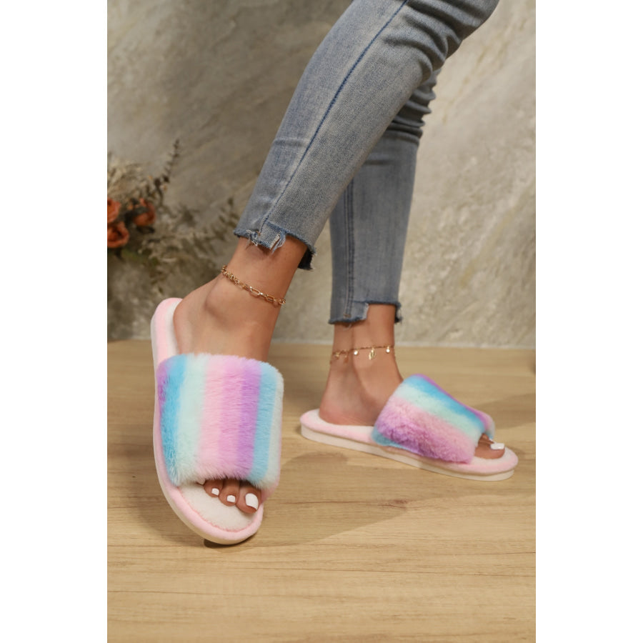 Color Block Open Toe Faux Fur PVC Slippers Apparel and Accessories