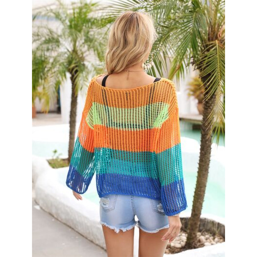 Color Block Openwork Boat Neck Cover Up Apparel and Accessories