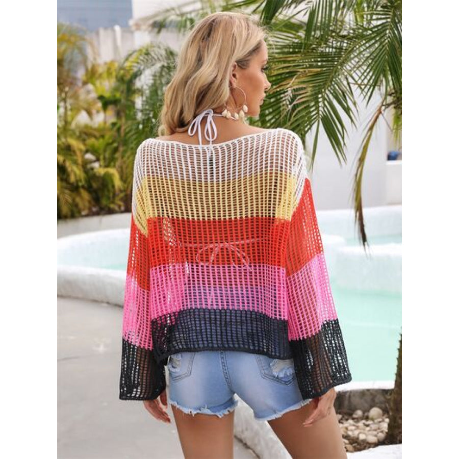 Color Block Openwork Boat Neck Cover Up Apparel and Accessories