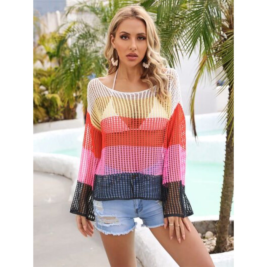Color Block Openwork Boat Neck Cover Up Fuchsia Pink / S Apparel and Accessories