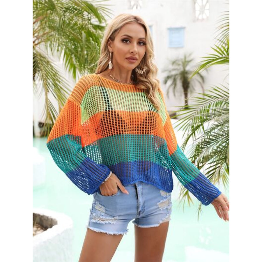 Color Block Openwork Boat Neck Cover Up Teal / S Apparel and Accessories