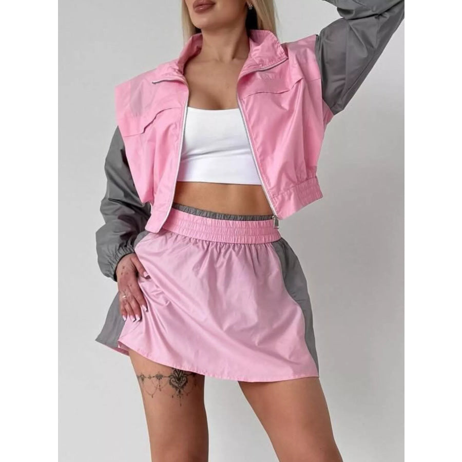 Color Block Outerwear and Skirt Set Pink / S Apparel and Accessories