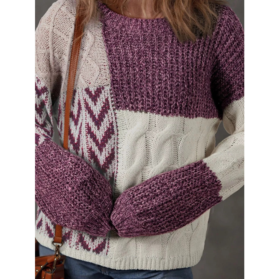 Color Block Patchwork Knotted Back Loose Fit Sweater Apparel and Accessories