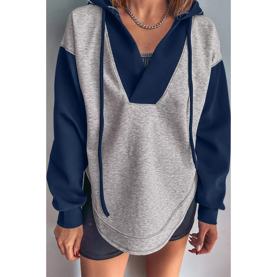 Color Block Patchwork V Neck Drawstring Hoodie Apparel and Accessories